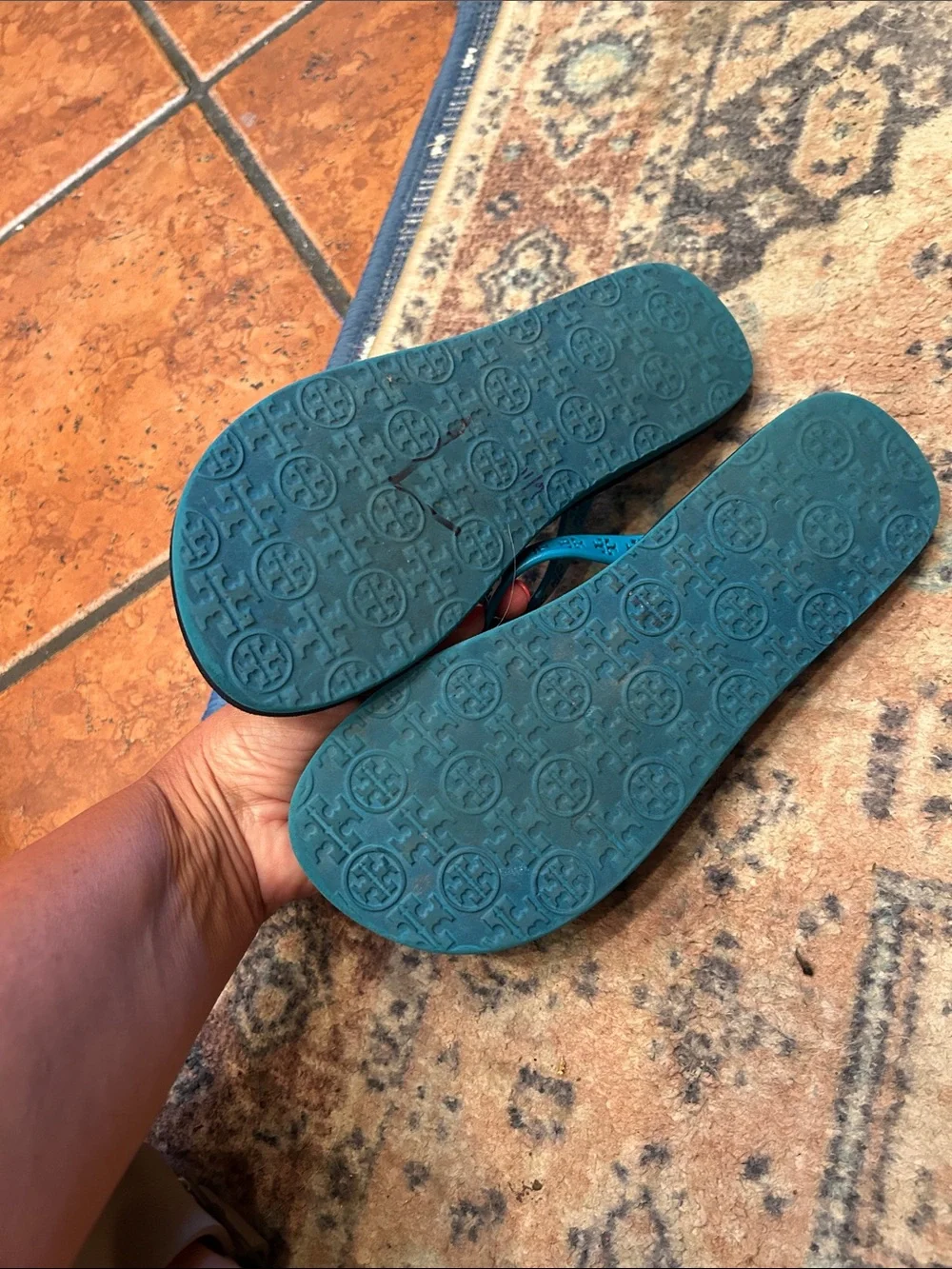Tory Burch Teal Logo Thong Sandals